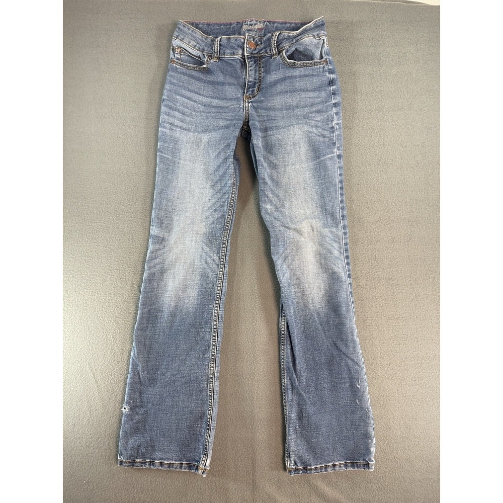 Wrangler Bootcut Jeans Womens 28x30 Med Blue Mid Rise Ankle Zip Distressed Denim